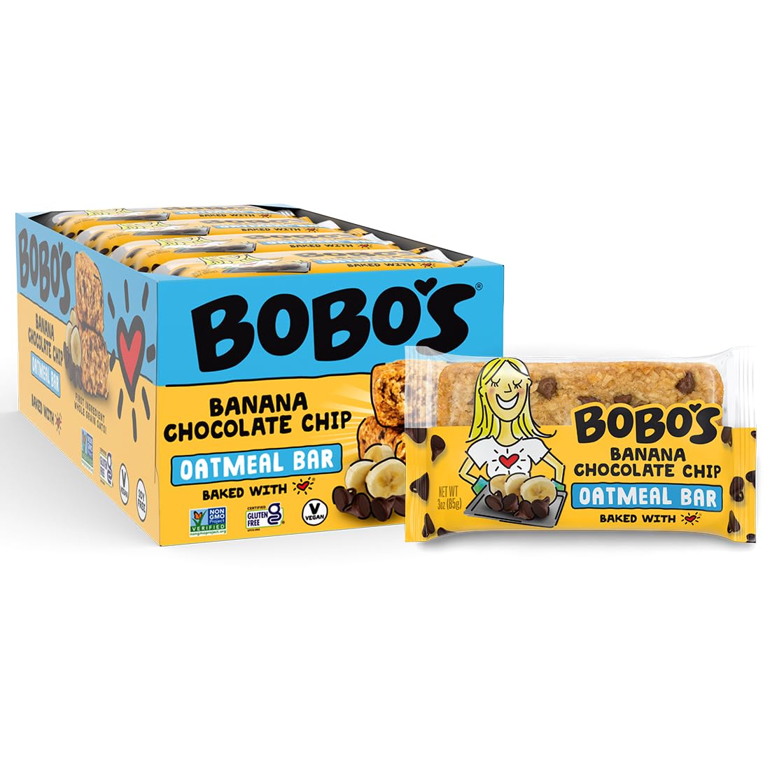 Bobo's Banana Chocolate Chip Oat Bars, Simple Ingredients, Whole Grain Oats, Plant Based, Gluten Free Breakfast Bars, Non-GMO, Healthy Snacks