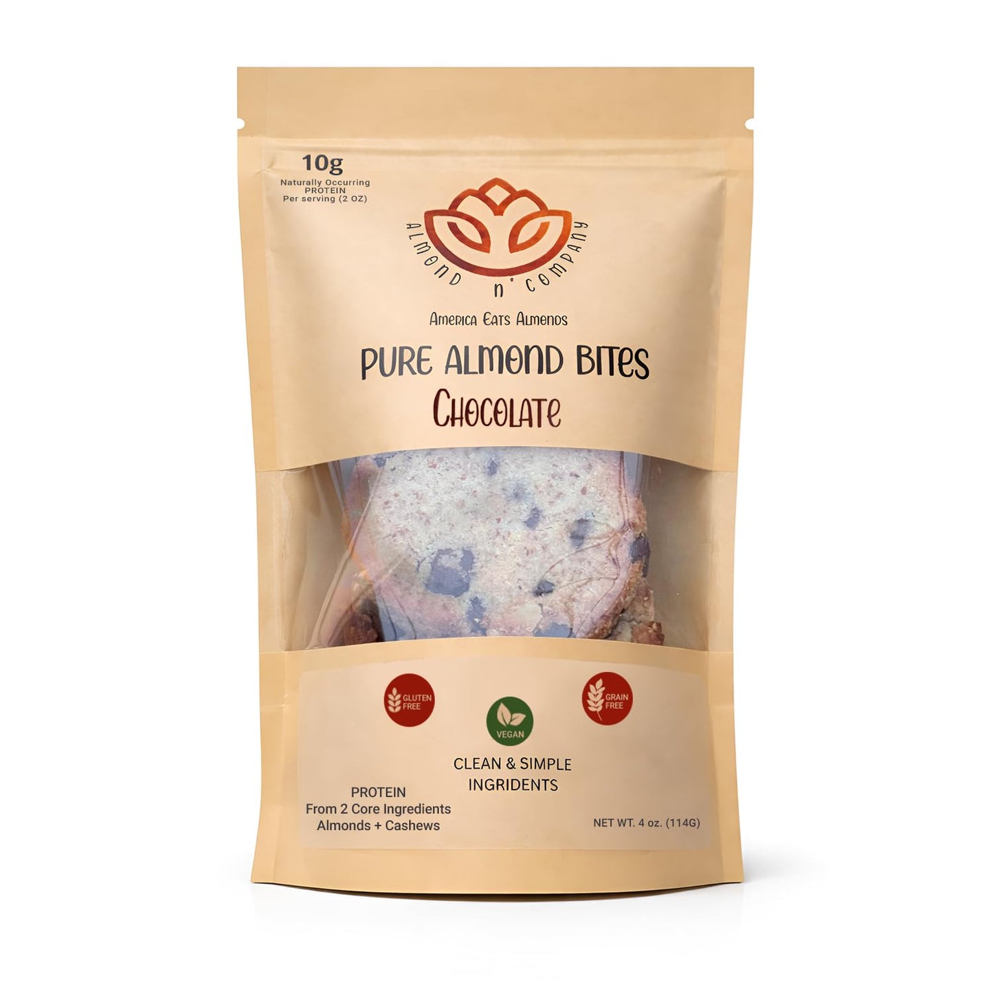 ALMOND N’ COMPANY Pure Almond Bites - 10g Protein, Chocolate Flavor, Grain-Free, Gluten-Free, Vegan, Clean Ingredient Energy Bites, High Protein Snack