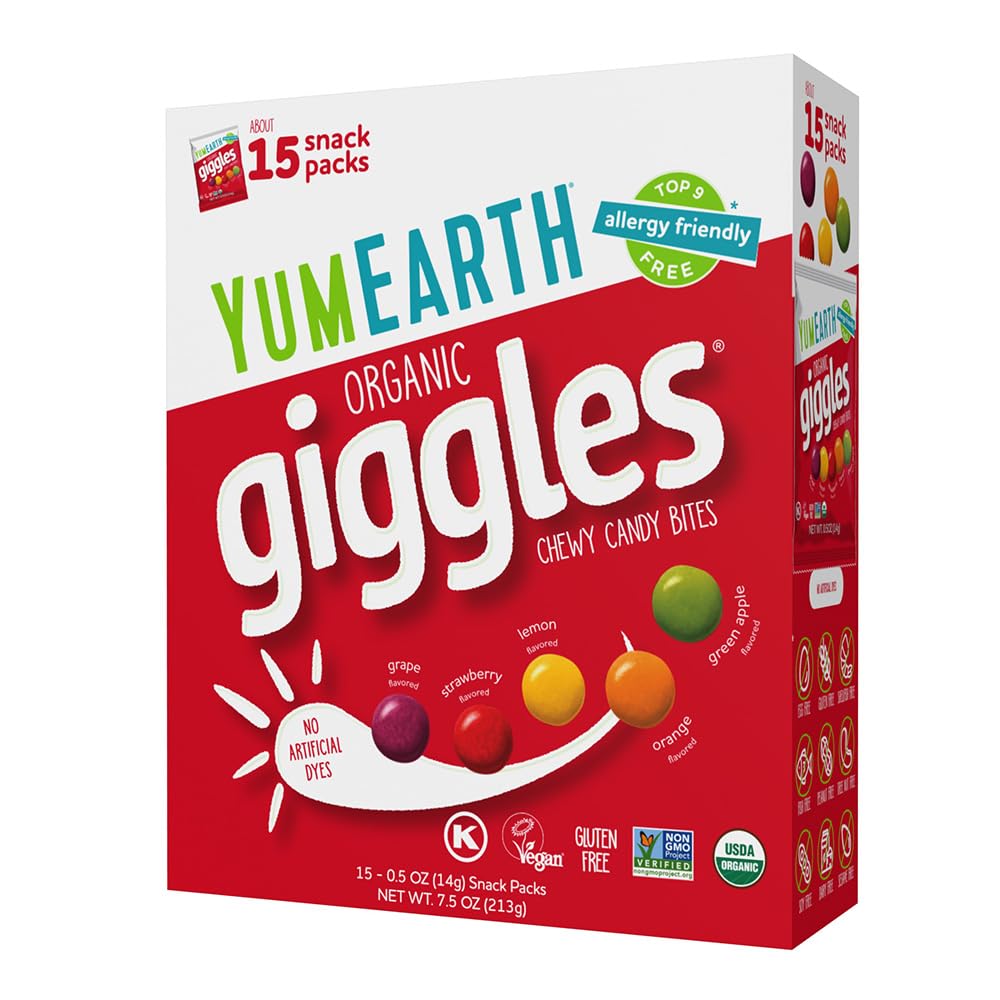 YumEarth Organic Giggles Chewy Candy - Allergy Friendly, No Artificial Dyes, Non GMO, Gluten Free, Fruit Flavored, Vegan Candy Snacks 0.5 oz (Box