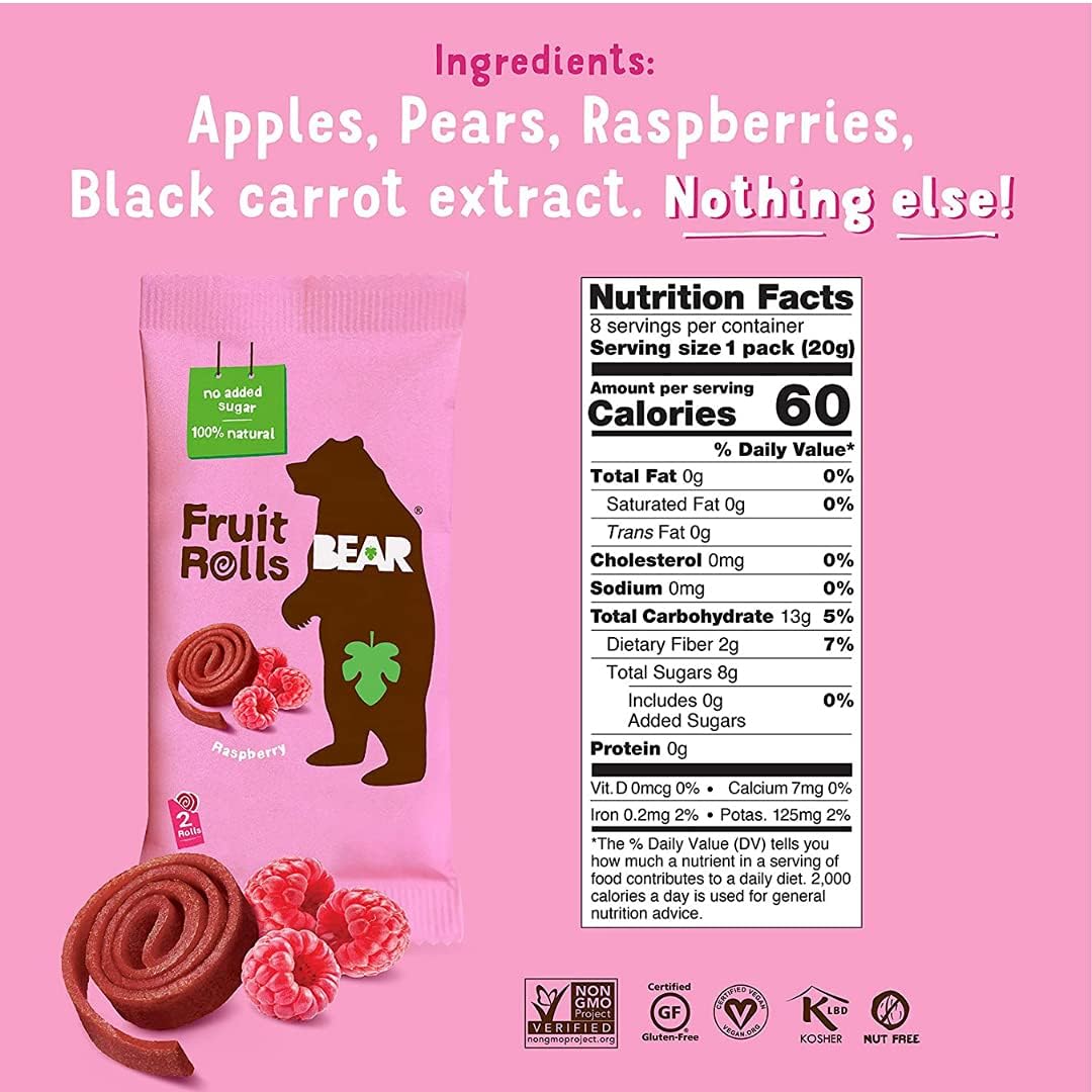 BEAR YoYo Fruit Rolls Variety Pack - 5 Pack Natural Fruit Snacks - Raspberry (2), Pear Apple Tropical Mix (2), Strawberry & Apple (1) - Vegan, Gluten