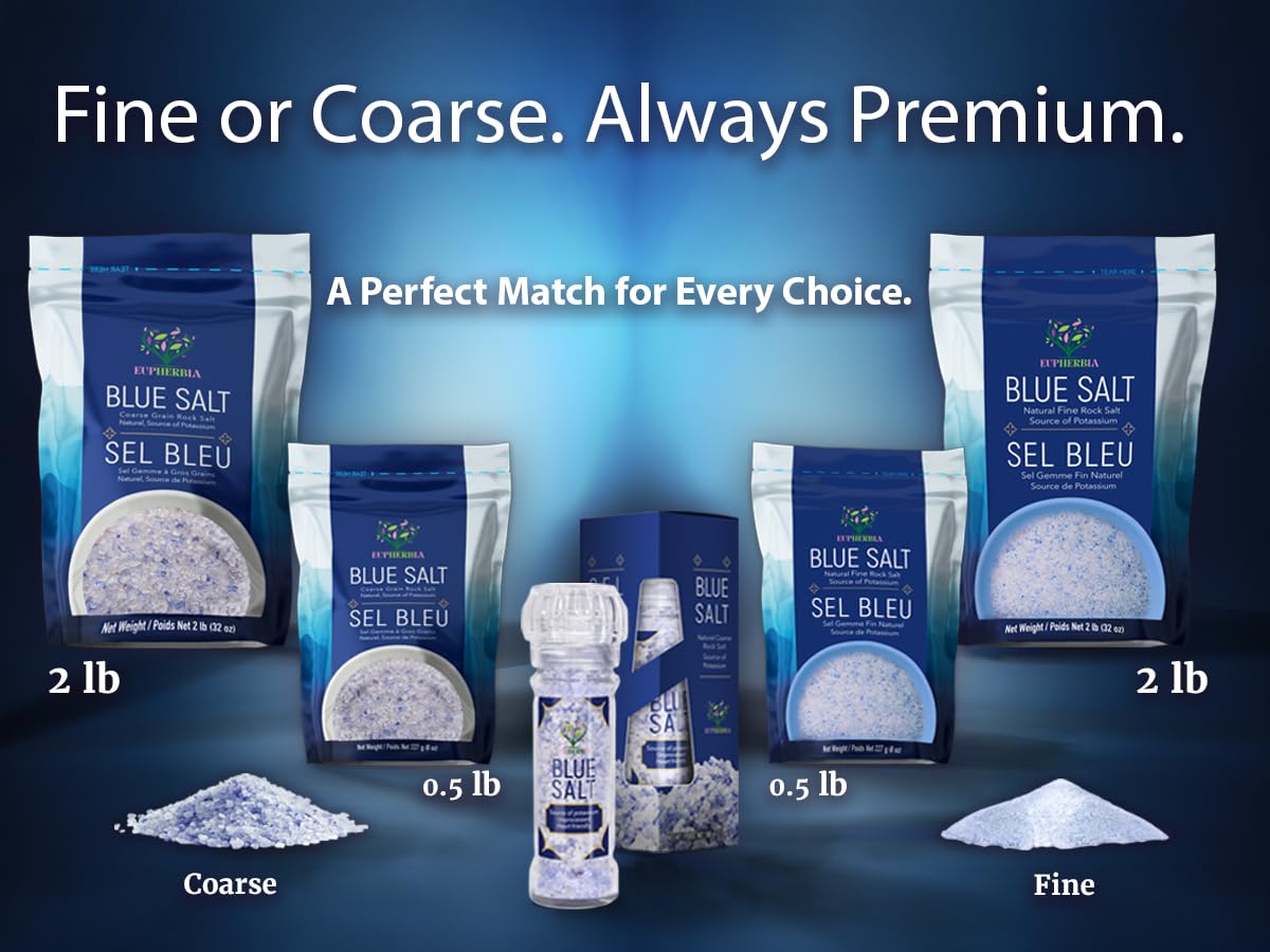 EUPHERBIA Blue Salt, Fine Grind, Rare Mineral Salt, High Potassium, Lower Sodium, Natural, Unprocessed, Hand Harvested, Kosher Certified (2lb Fine