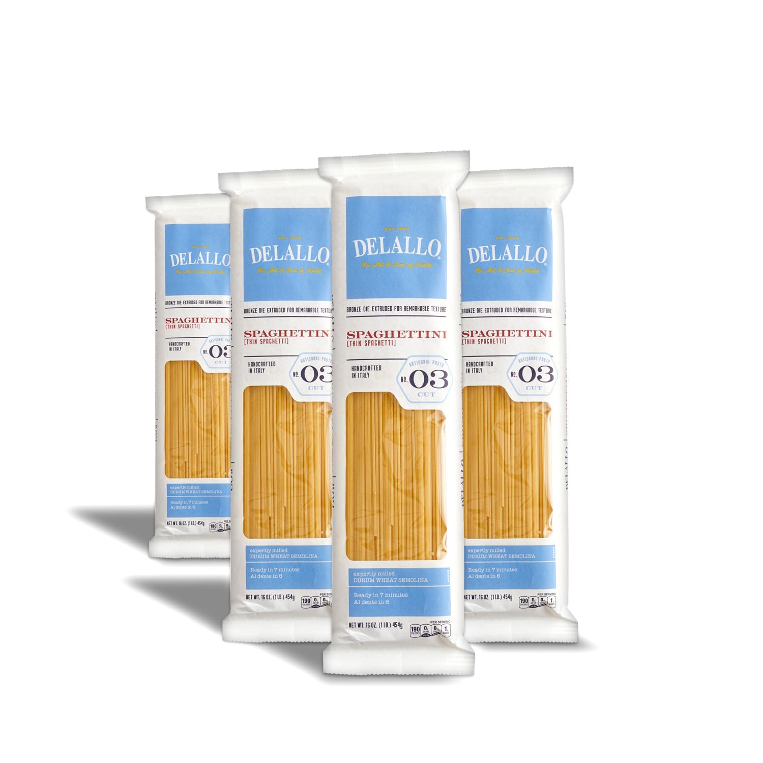 DeLallo Thin Spaghetti Pasta, 1 Pound Bag, 4 Pack, Al Dente Texture, Made in Itay, Made with Durum Wheat Semolina Flour, Cooks in 9 Minutes, Non-GMO