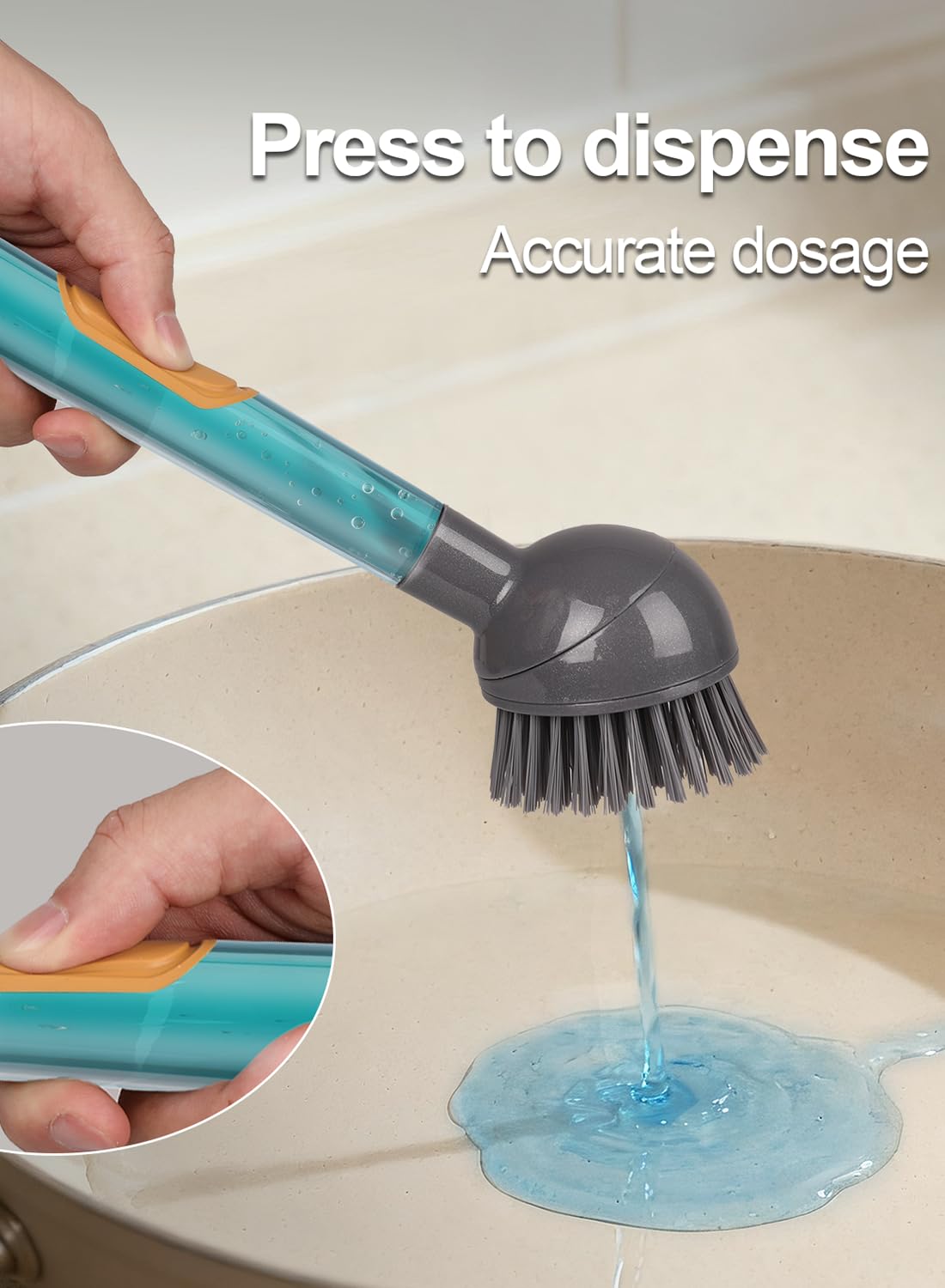 CuLiDing Soap Dispensing Dish Brush with Handle, 360° Rotating Head, 5-Piece Kitchen Cleaning Set (2 Brush Heads & 3 Sponges), Non-Scratch Scrubber
