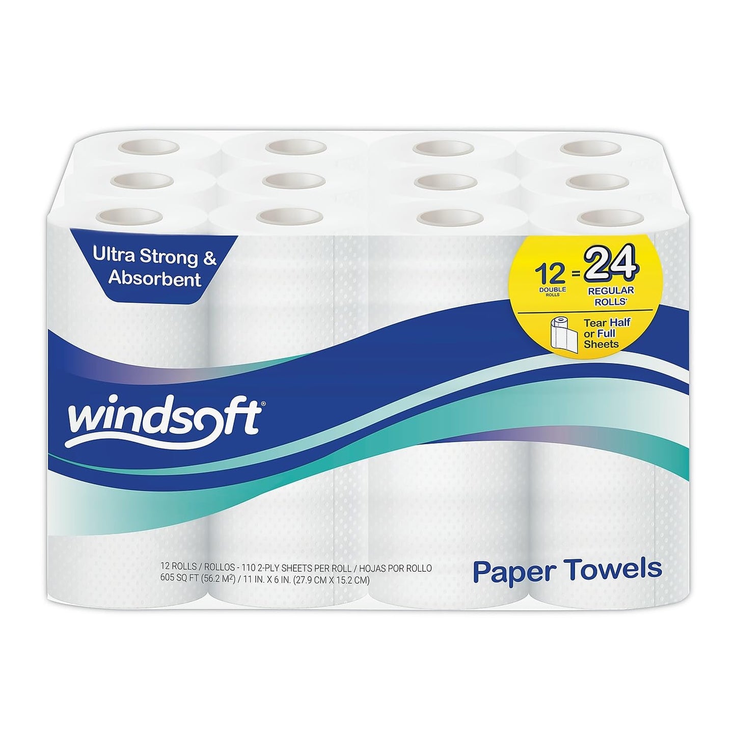 Windsoft Premium Paper Towels, 12-Pack, 110 Sheets Per Roll, Double Rolls, Perforated Full & Half Sheets, 2-Ply White Kitchen Towels, Embossed