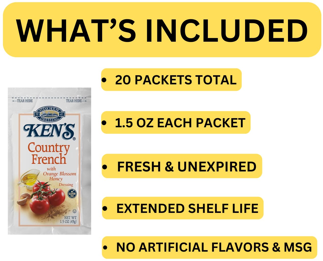 20 Count | Salad Dressing Packets | Individual Single Serve Salad Dressing condiment packets | 1.5 Oz Per Pouch (Country French Dressing)