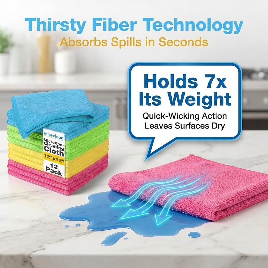 MIRACLEAN Microfiber Cleaning Cloth 12 Pack - 12 x 12 inches - Rags for Cleaning House Streak-Free Wipes for Screens, Dusting & Appliances - Premium