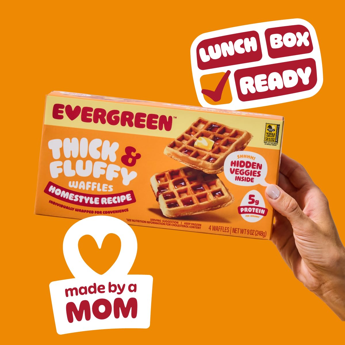 Evergreen Thick & Fluffy Waffles, Homestyle Recipe - Whole Grains, No Preservatives, Nut-Free, Individually Wrapped, Air Fryer Ready, Frozen