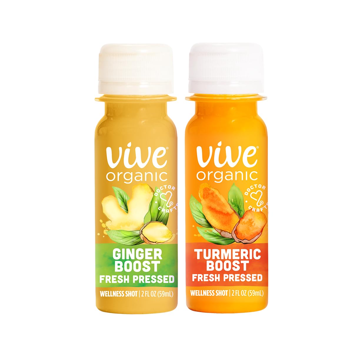Vive Organic Immune Support Ginger Shot + Turmeric Shot Variety Pack, Cold-Pressed Ginger Root & Turmeric, Gluten Free, Vegan, Immunity Booster, 2 Fl