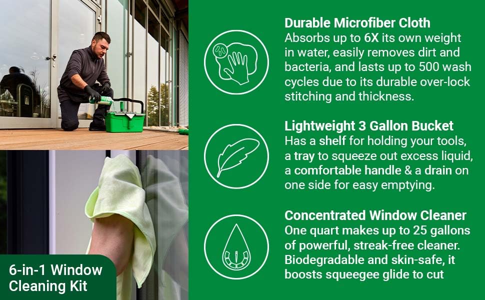 Unger Commercial Window Cleaning Kit Set - Microfiber Sleeve, 14'' ErgoTec Squeegee, 3 Gallon Bucket, 1L Glass Cleaner, Safety Scraper, Microfiber