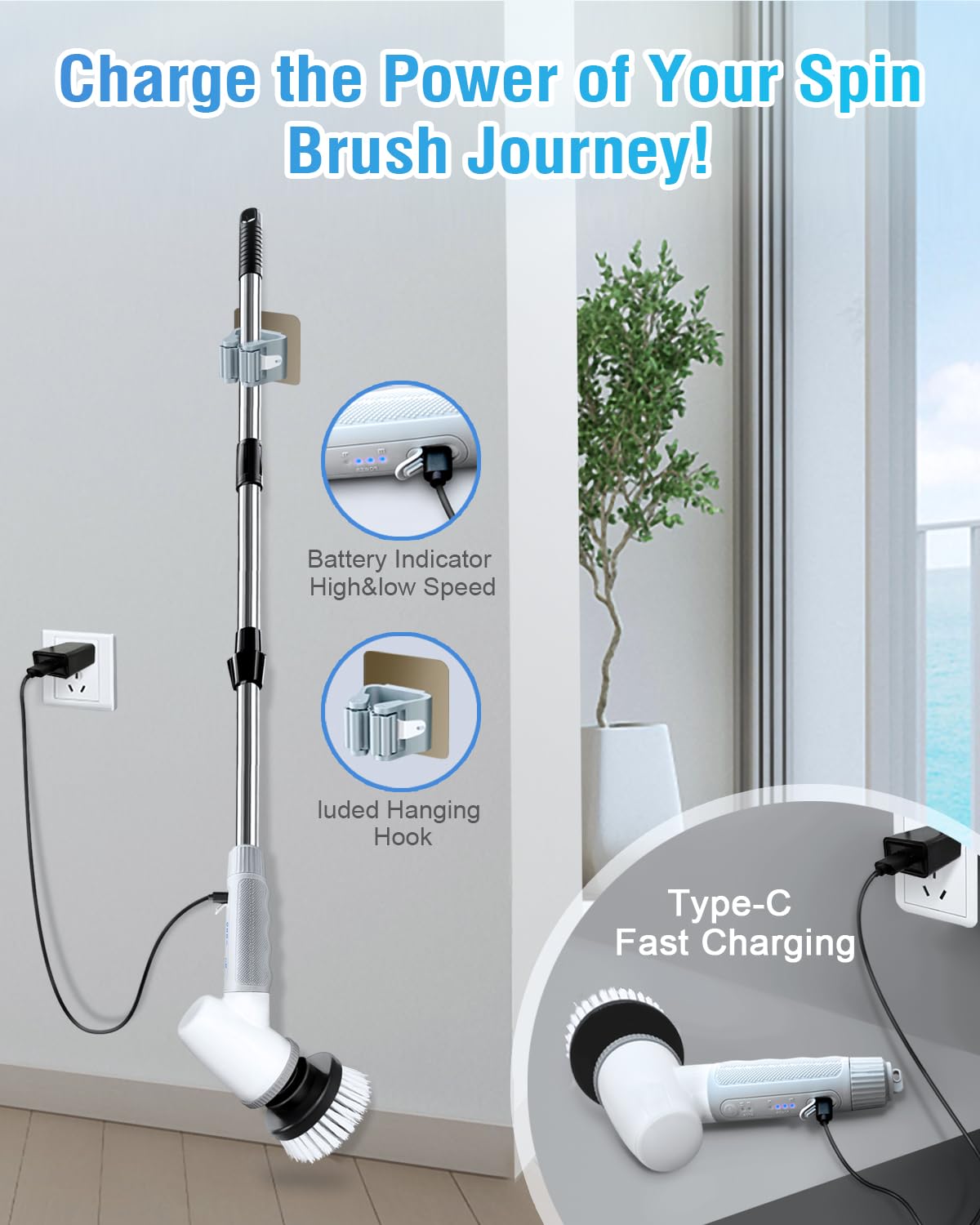 Electric Spin Scrubber Bathroom Scrubber - Cordless Shower Scrubber with Adjustable Handle, 2 Speeds, Bathroom Scrubber with 8 Replaceable Brush