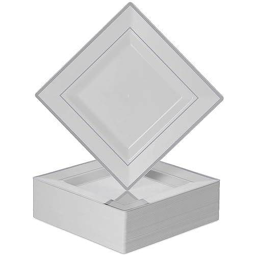 BloominGoods Plastic Disposable Square Dessert Plates | 50-Pack 6.5 inches White with Silver Rim Square Plates | Ideal for Weddings, Parties, Catering