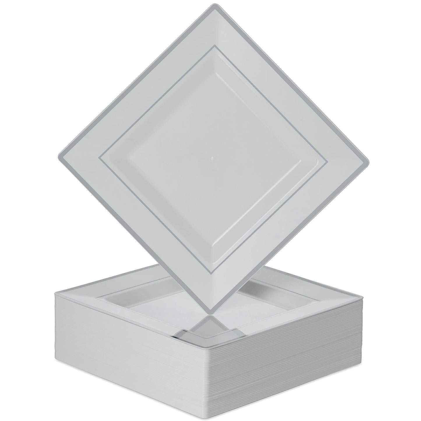 BloominGoods Plastic Disposable Square Dessert Plates | 50-Pack 6.5 inches White with Silver Rim Square Plates | Ideal for Weddings, Parties, Catering