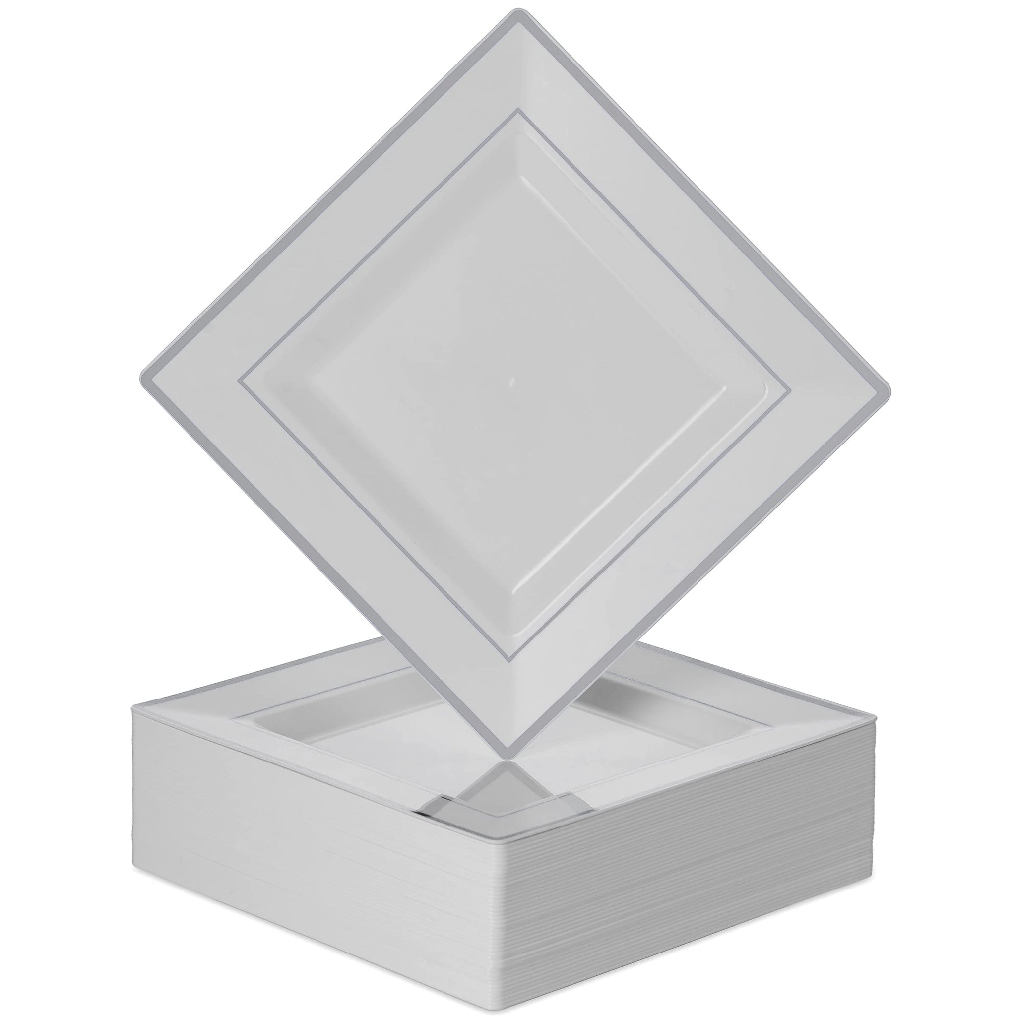 BloominGoods Plastic Disposable Square Dessert Plates | 50-Pack 6.5 inches White with Silver Rim Square Plates | Ideal for Weddings, Parties, Catering