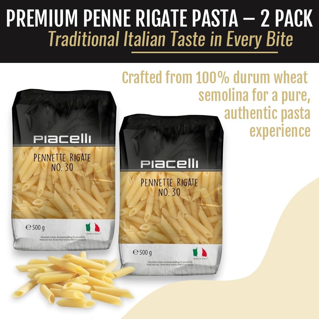 Piacelli Penne Rigate Pasta. 30 - Protein Pasta Made from Fine Durum Wheat Semolina for Rich Flavor - Enjoy Organic Noodles in Your Favorite Recipes