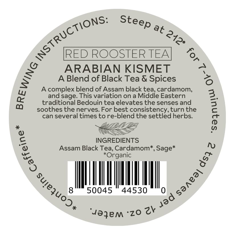 Red Rooster Tea Arabian Kismet - Organic Black Tea Blend with Sage & Cardamom - 4oz Loose Leaf Canister - Makes ~56 Cups - Warm, Spicy, Vanilla Notes