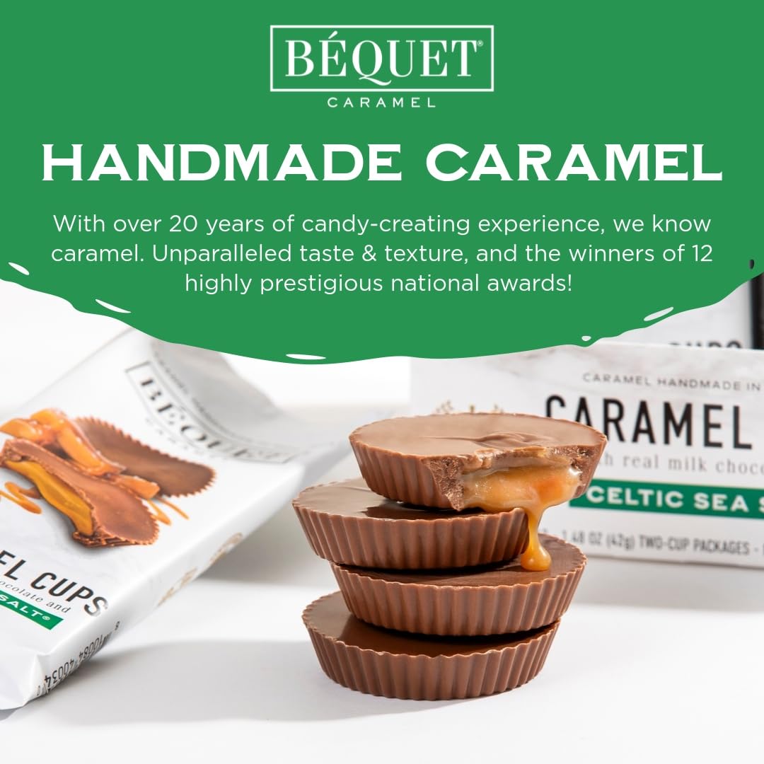 Béquet Milk Chocolate Sea Salt Caramel Cups - Soft, Individually Wrapped Chocolate-Covered Caramels, Gluten?Free & Gourmet - 12-Pack (2 cups each)