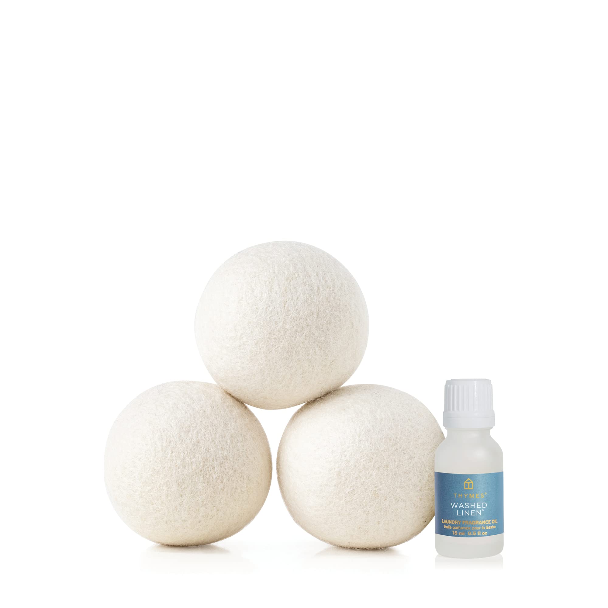 Thymes Wool Dryer Balls Set - Includes 3 Wool Laundry Balls + 1 Scented Laundry Fragrance Oil for Dryer - Eliminate Wrinkles, Static & Lint (Washed