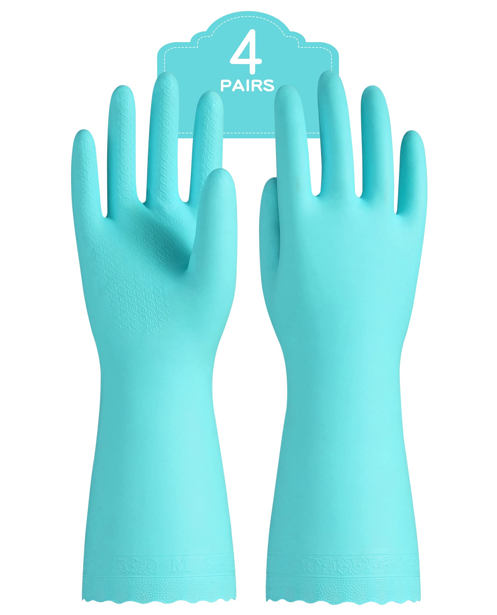 PACIFIC PPE 4 Pairs Reusable Dishwashing Cleaning Gloves with Latex Free, Cotton Lining, Kitchen Gloves, Green, Large