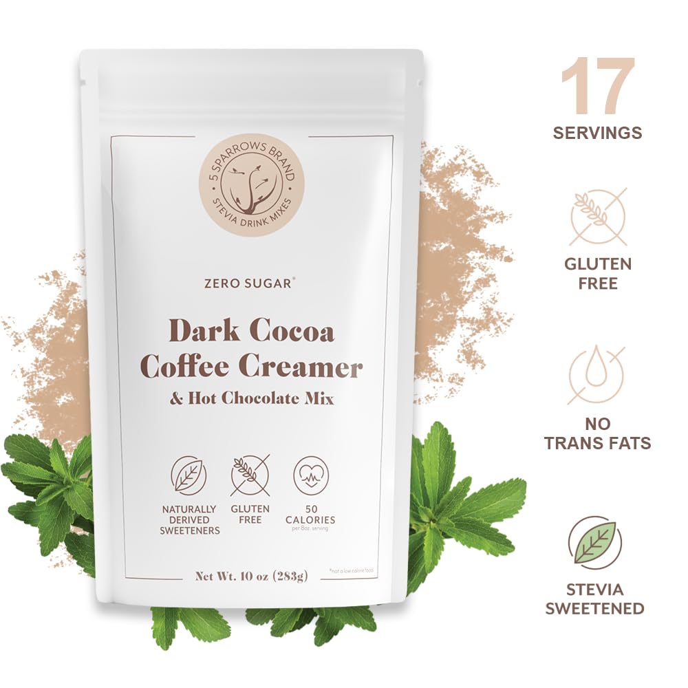 5 SPARROWS Healthy Sugar-Free Coffee Creamer Powder (Dark Hot Chocolate) - Stevia-Sweetened, Zero Sugar - Keto-Friendly Flavored Drink Mix, 10 oz