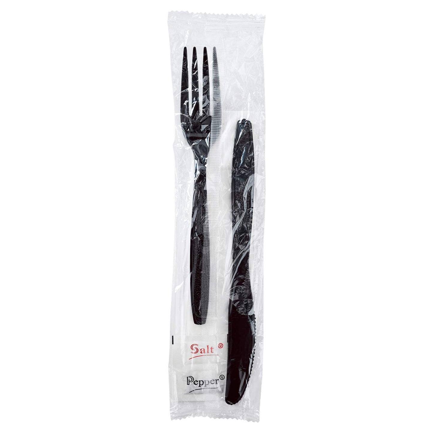 Karat [ 250 ct ] Black Wrapped PS Plastic Cutlery Set with Napkin (Knife, Fork, 1-ply Napkin, Salt & Pepper) U2208B