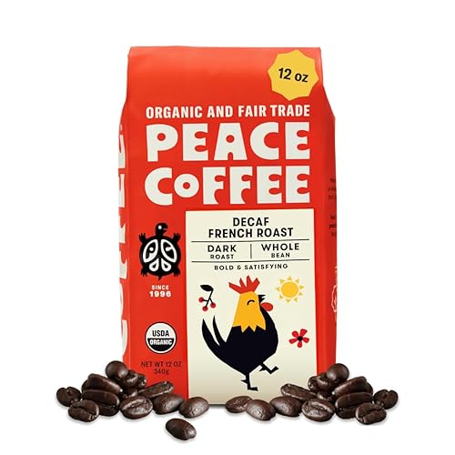 Peace Coffee Decaf French Roast Whole Bean Coffee, Dark Roast, 12 oz, Organic Fair Trade, Nutty, Bold Flavor, Shade Grown, Fresh Roasted