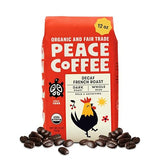 Peace Coffee Decaf French Roast Whole Bean Coffee, Dark Roast, 12 oz, Organic Fair Trade, Nutty, Bold Flavor, Shade Grown, Fresh Roasted