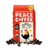 Peace Coffee Decaf French Roast Whole Bean Coffee, Dark Roast, 12 oz, Organic Fair Trade, Nutty, Bold Flavor, Shade Grown, Fresh Roasted