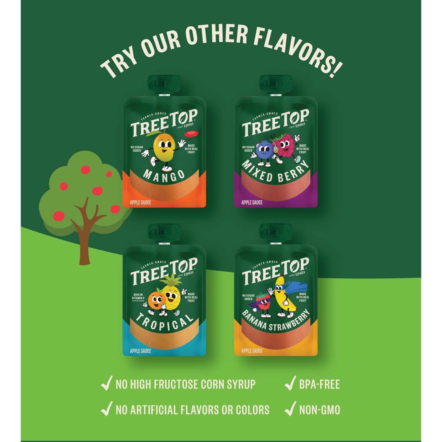 Tree Top Apple Sauce Pouches Variety Pack, Apple, Strawberry, Cinnamon, 3.2 oz. each (Pack of 20)