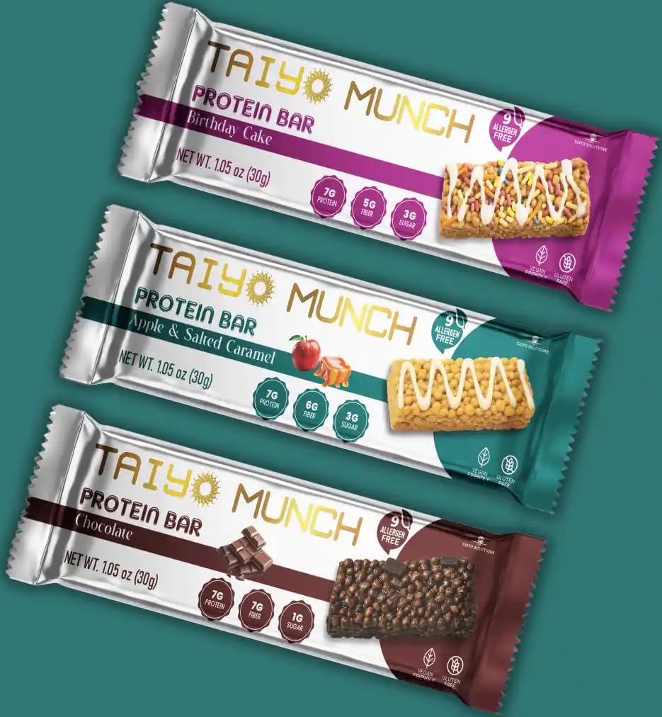 Taiyo Munch - Allergen-Free Protein Bar - Vegan, Gluten Free, High Protein, High Fiber, Low Sugar, Nut/Wheat/Soy/Dairy Free, Healthy Snacks for Kids