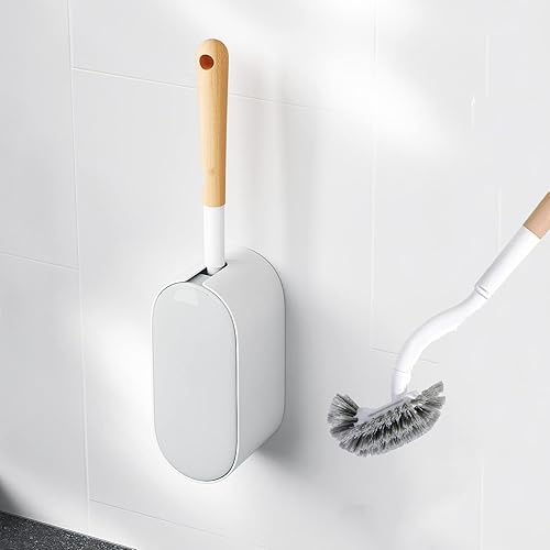 ERGONOW Toilet Brush and Holder with Lid Set, Curved Design Angled Toilet Bowl Brush Scrubber, Durable Bristles for Bathroom Cleaning