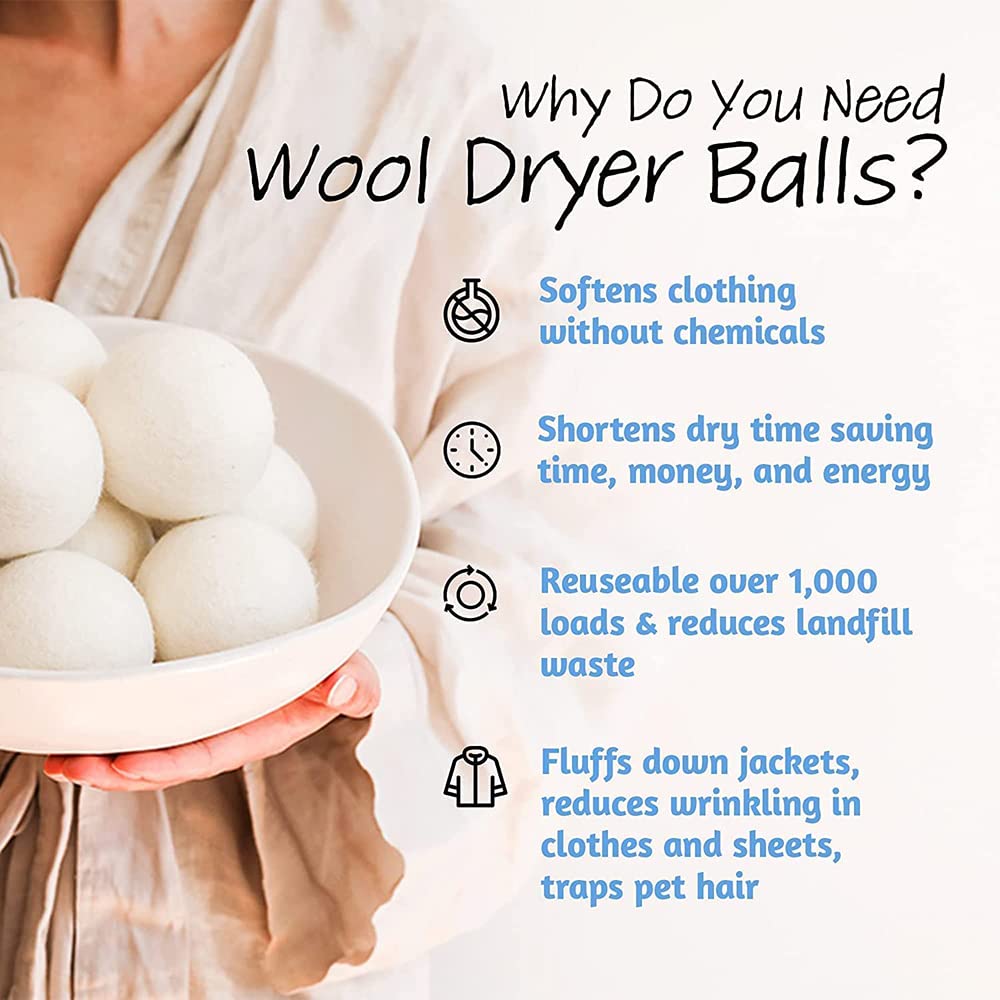 Wool Dryer Balls, 6 Pack Laundry Dryer Balls Reusable and Handmade, 100% Organic New Wool Natural Fabric Softener, Dryer Sheets Alternative and Reduce
