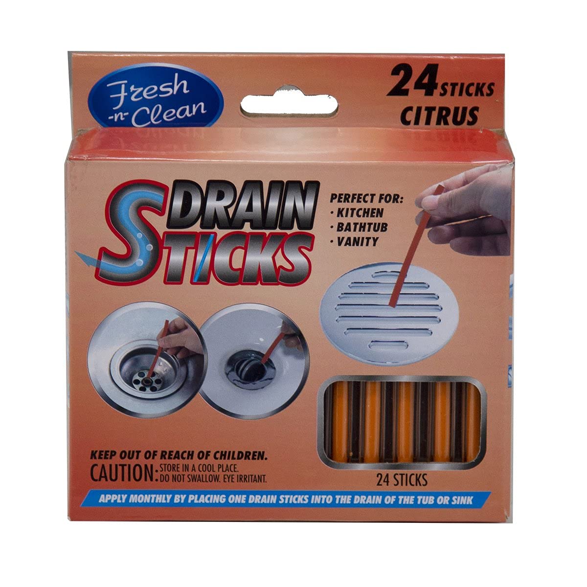 Drain Sticks - Citrus - 24 Sticks Drain Cleaning and Sanitation Sink Freshener Keep Odor Free