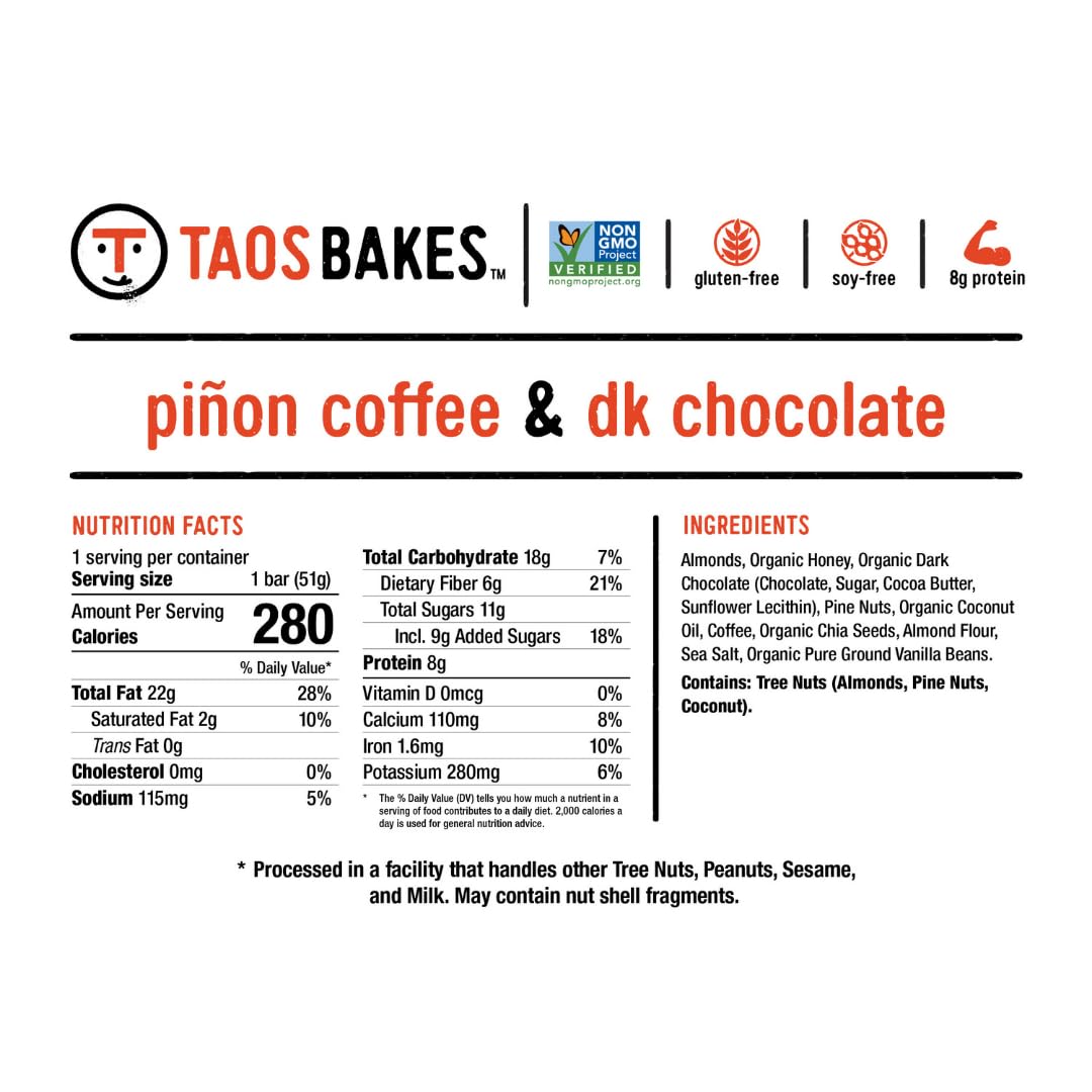 TAOS BAKES Pinon Coffee & Dark Chocolate Snack Bar, 1.8 OZ