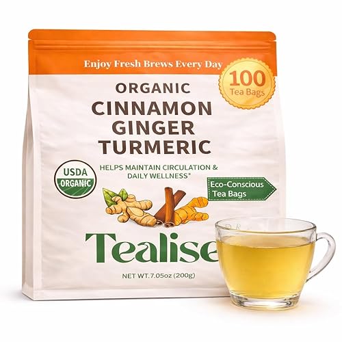 Organic Turmeric Ginger Cinnamon Herbal Tea Bags - Turmeric Ginger Herbal Tea - Caffeine Free Herbal Tea - 100 Plant-Based Tea Bags - USDA Organic