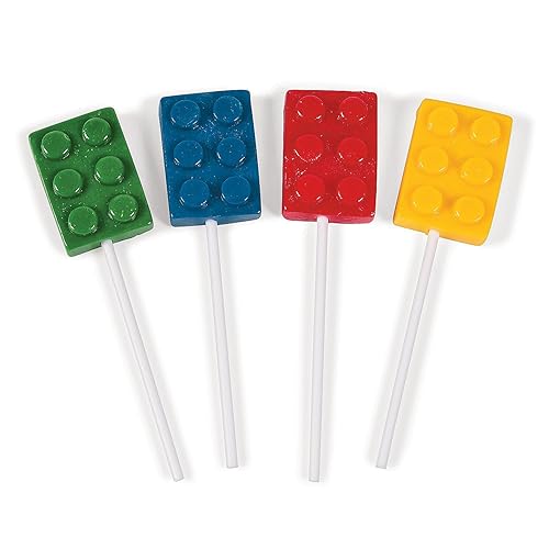 Fun Express Brick Party Building Block Suckers Lollipops Bulk - 12 Pack Individually Wrapped Candy Variety Pack for Kids Party Favors, Birthday Goodie