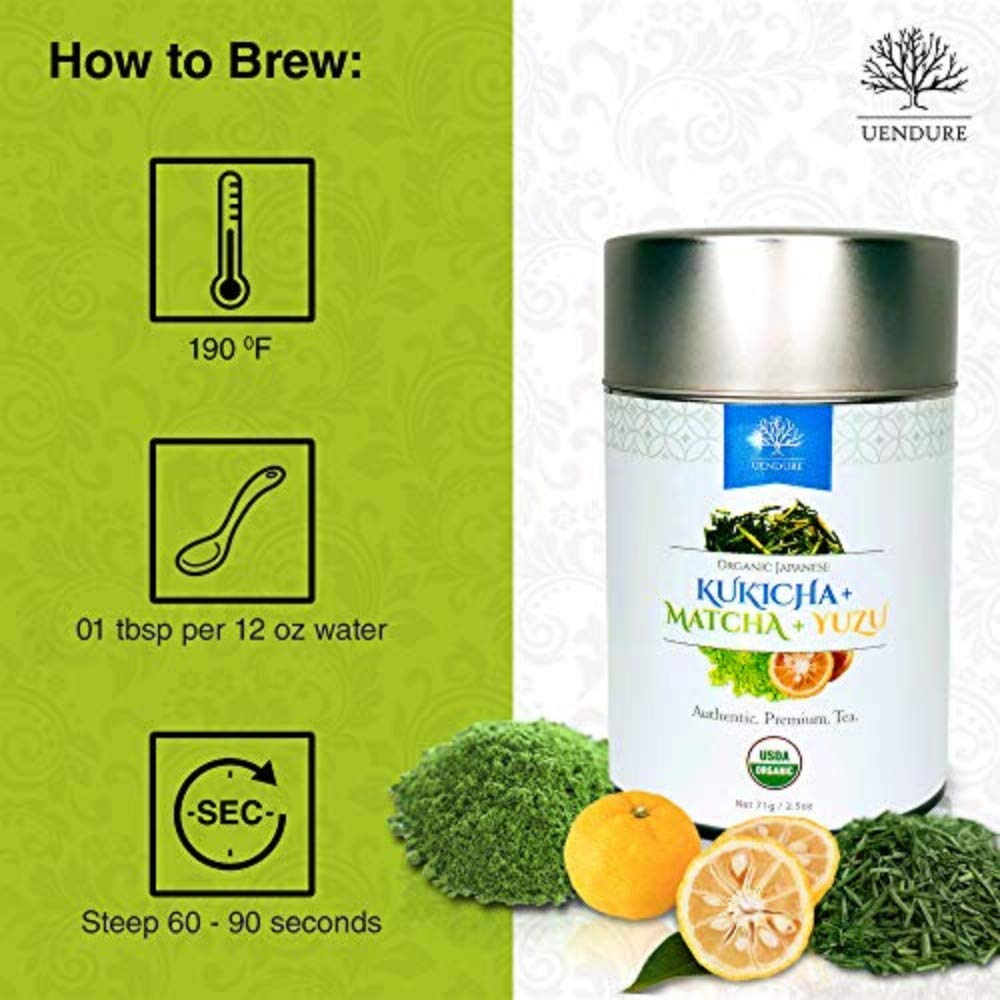 UEndure Japanese Green Tea USDA Certified Organic Kukicha with Matcha Infused with Yuzu, Perfect for Making Hot Tea or Iced Tea | Eco-Friendly Tin Can