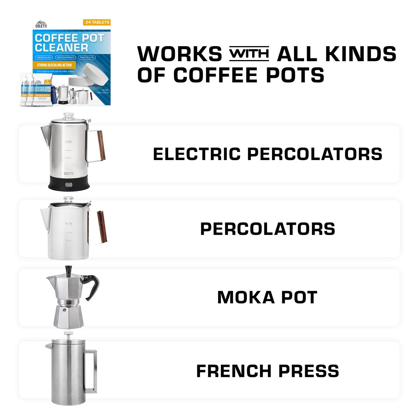 COLETTI Coffee Pot Cleaner - Coffee Percolator Cleaner, Coffee Cleaning Tablets - Descaler for Stainless Steel Percolator, Moka Pot, French Press