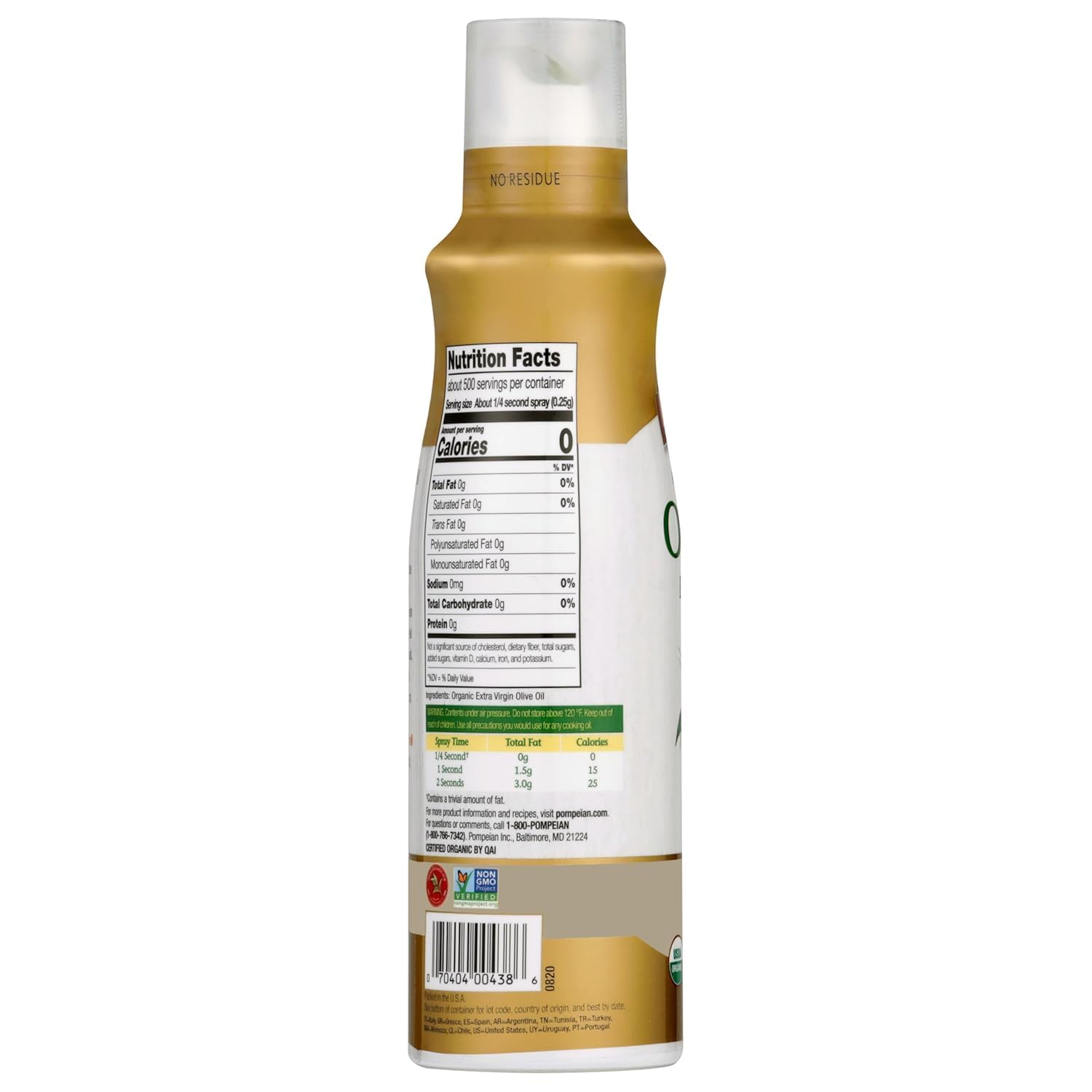 Pompeian USDA Certified Organic Extra Virgin Olive Oil Non-Stick Cooking Spray, No Propellants, 5 Fl Oz