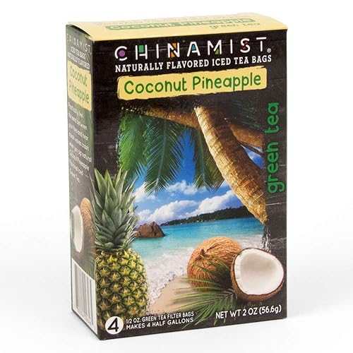 China Mist Iced Tea - Coconut Pineapple Green Tea Infusion - Refreshing and Delicious - Each Tea Bag Yields 1/2 Gallon - 4 bags.