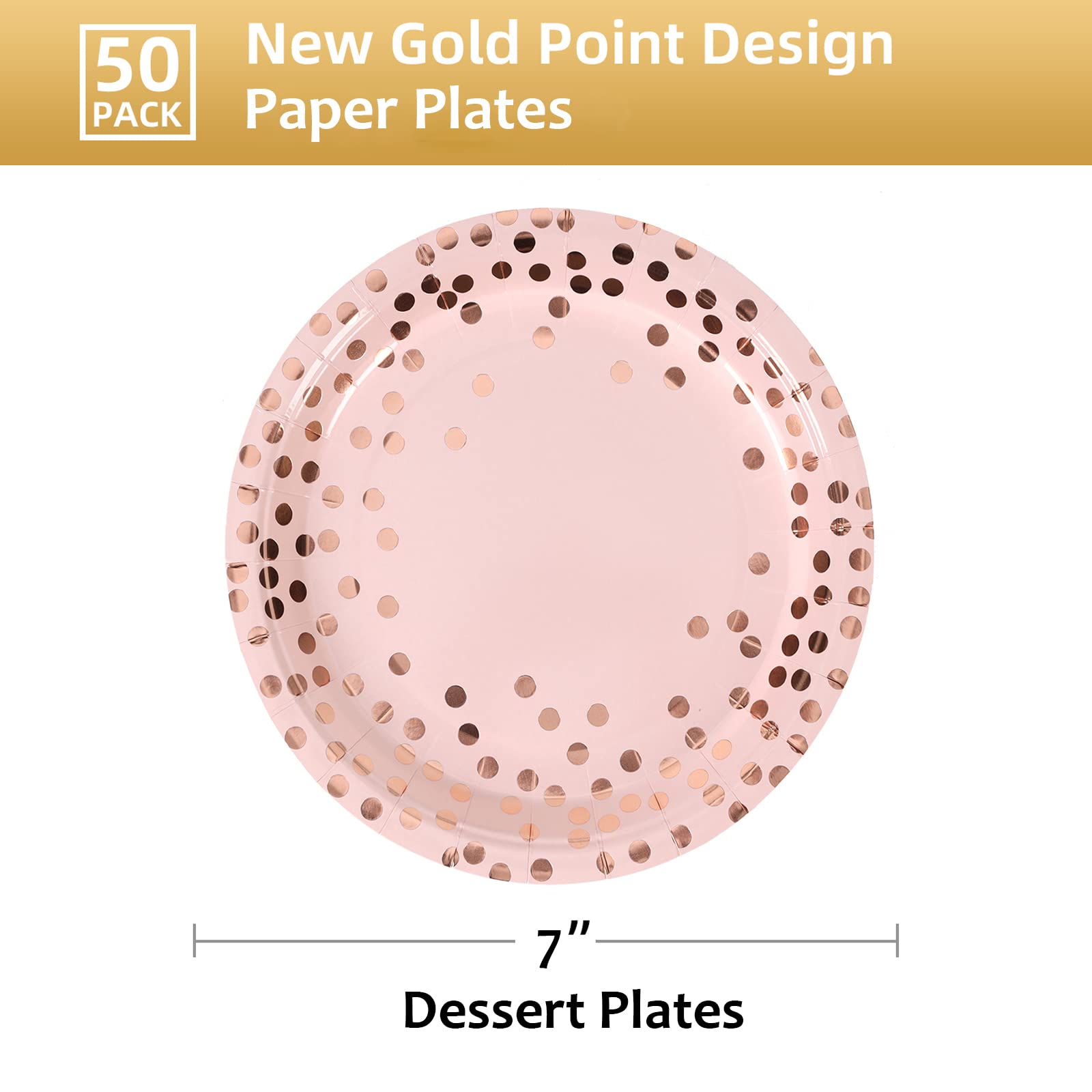 CENLBJ Pink & Rose Gold Dots Party Paper Plates, 50 PCS Disposable Party Supplies Dessert Paper Plates for Birthday Wedding Bridal Shower Supplies (7