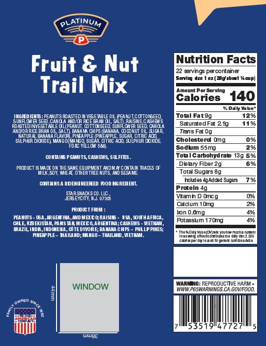 Platinum - Fruit and Nut Trail Mix - 22 oz Resealable Bag | Banana Chips, Raisins, Mango, Pineapple, Cashews & Peanuts | Healthy Snack Mix