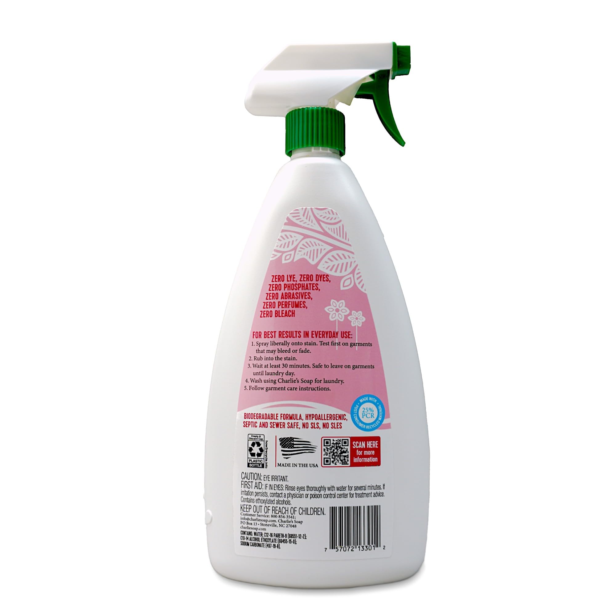 Charlie's Soap Laundry Pre-Spray Stain Remover (32 fl oz), Natural Laundry Pretreat and Stain Remover (Pack of 1)