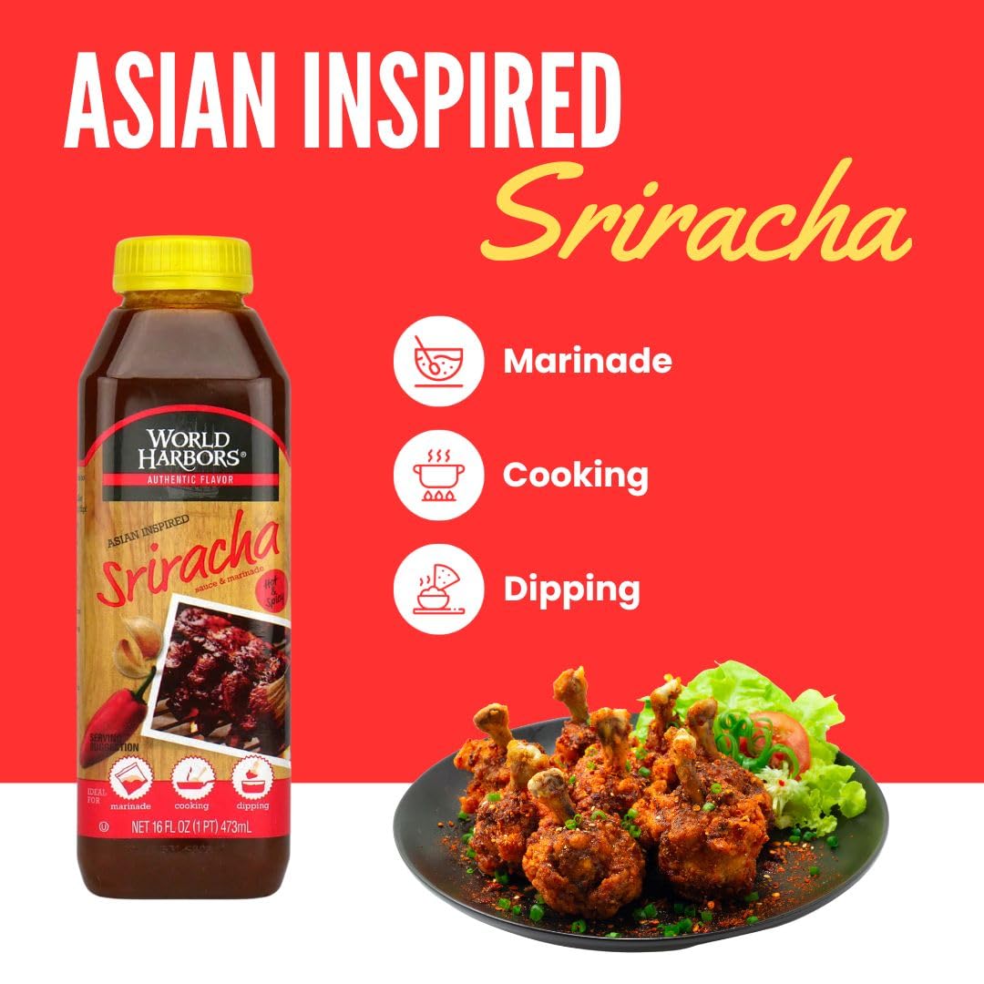 World Harbors Sriracha Hot Sauce & Marinade Perfect for Grilled Meats, Seafood, Dipping, Marinades & Garnishes - Enhance Your Meals with Sriracha