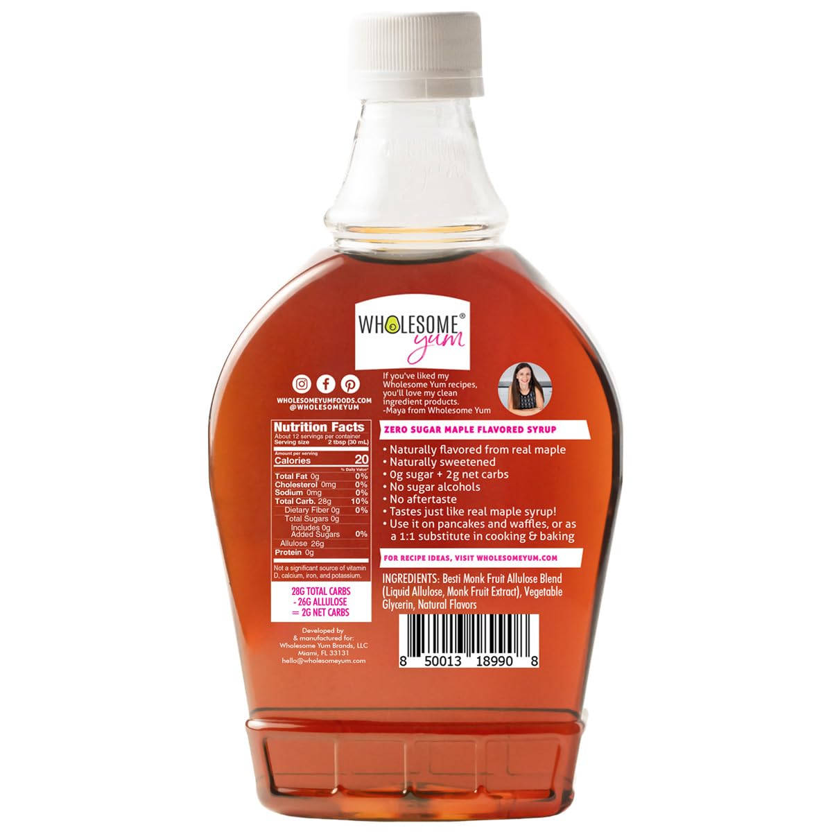 Wholesome Yum Zero Sugar Maple Syrup (Keto Maple Syrup) With Monk Fruit & Allulose - Natural Sugar Free Pancake Syrup - No Artificial Colors Or Flavors, Non GMO, Low Carb, Gluten-Free, Vegan (Plastic bottle - 12 fl oz)