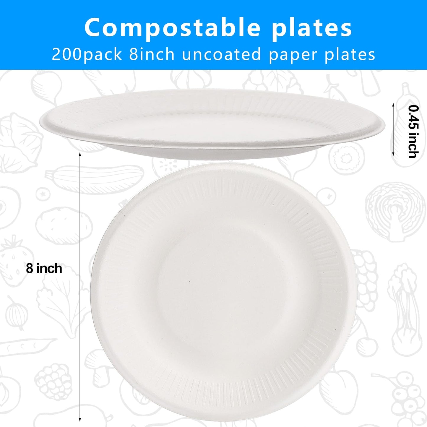 PUREZON 200 Pack Disposable Paper Plates, 8 Inch Compostable Biodegradable Plate, Heavy Duty Sugarcane Bagasse Plates(White)