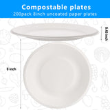 PUREZON 200 Pack Disposable Paper Plates, 8 Inch Compostable Biodegradable Plate, Heavy Duty Sugarcane Bagasse Plates(White)