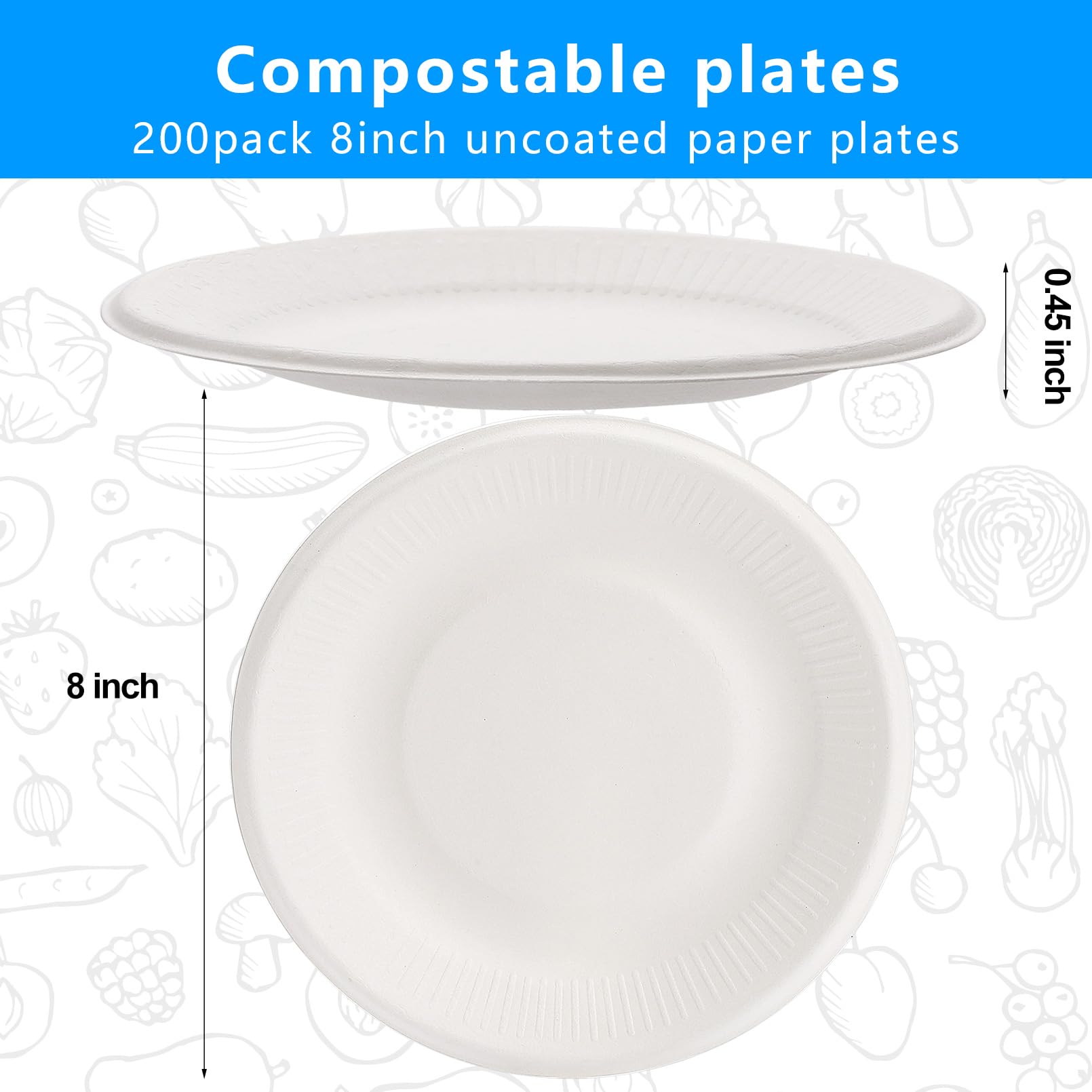 PUREZON 200 Pack Disposable Paper Plates, 8 Inch Compostable Biodegradable Plate, Heavy Duty Sugarcane Bagasse Plates(White)