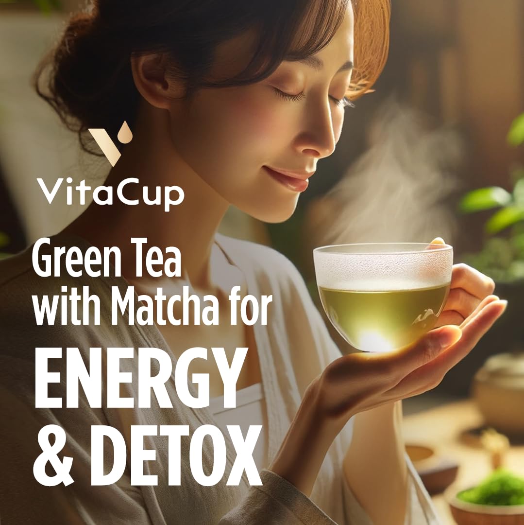 VitaCup Green Tea Pods, Enhance Energy & Detox with Matcha, Moringa, B Vitamins, D3, Keto, Paleo, Vegan, Single Serve Pod, Compatible with Keurig