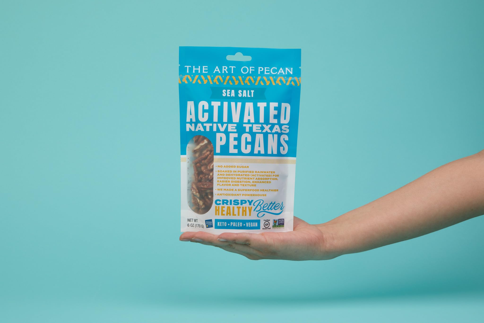 AOP Sea Salt Activated Native Texas Pecans, naturally crunchy, soaked and dehydrated, very low sugar premium snack. Non-GMO, Gluten-Free, Vegan