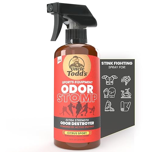 Uncle Todd’s Odor Stomp Sports Equipment Odor Eliminator Spray - Extra Strength Enzyme-Powered Deodorizer for Football, Hockey, Gym Bags, and Athletic